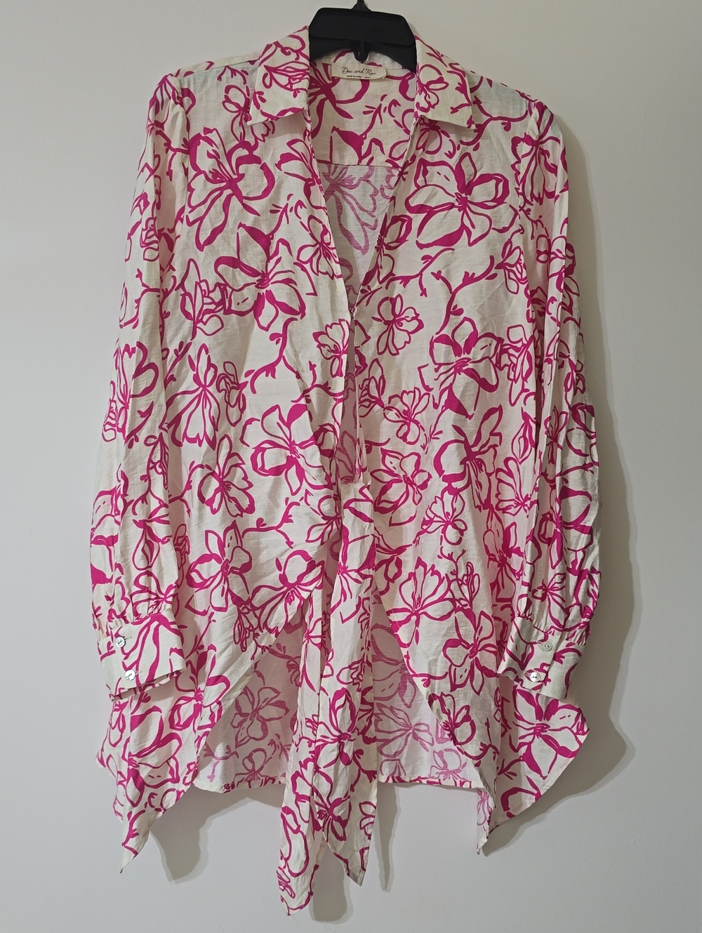 Women’s White Hook And Tie-front Shirt with Pink Floral Print